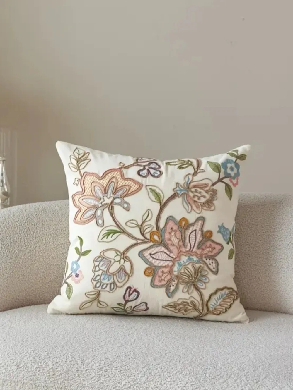 Embroidered Floral Accent Pillow in Cream with Pastel Blooms